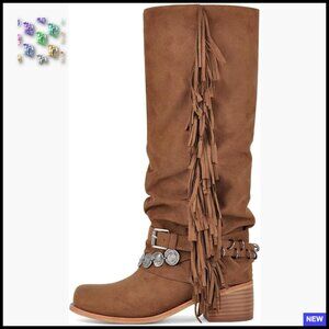Knee High Riding Boots Fringe Tassels Chunky Heel Square Toe Boho Chic